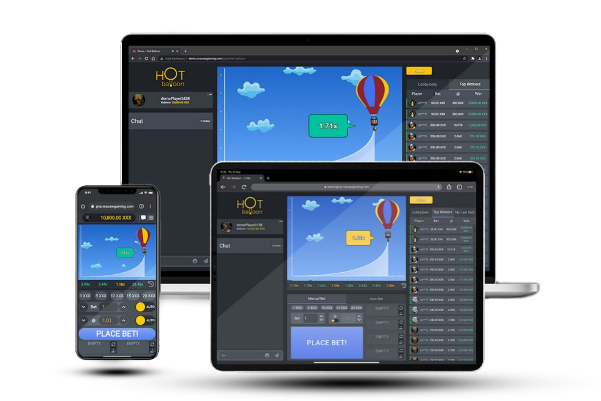 A mockup showing the Hot Balloon game running simultaneously on multiple devices - a laptop, tablet, and smartphone. The game interface displays a hot air balloon game with betting controls and chat features, demonstrating responsive design across different screen sizes.