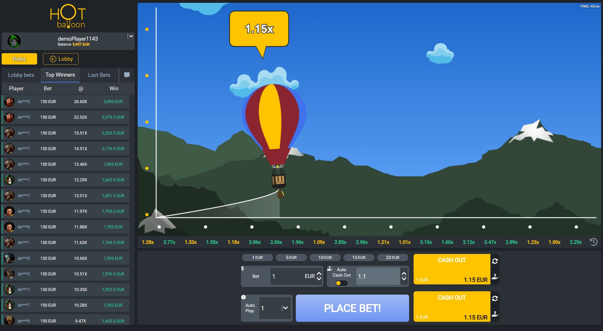 Hot Balloon game during active gameplay, showing a red and yellow hot air balloon at 1.15x multiplier. The interface includes betting history, multiplier markers along the bottom, and cash out options. The scene is set against a mountain backdrop with blue sky.