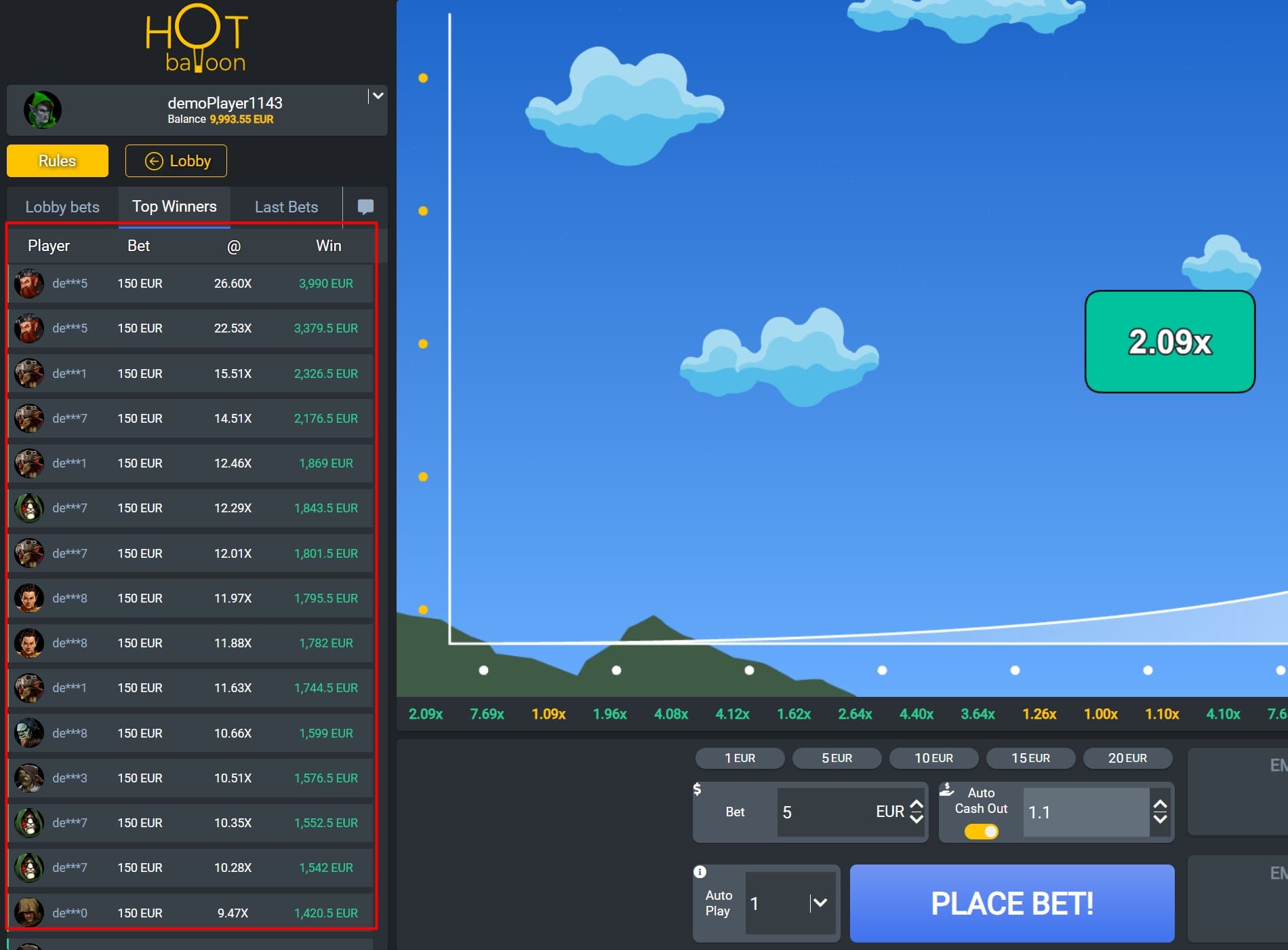 Hot Balloon game interface showing a betting screen with a blue sky background. The interface displays a multiplier of 2.09x, player leaderboard on the left showing bets of 150 EUR each, and betting controls at the bottom. The game features a white curve line across a mountain landscape.