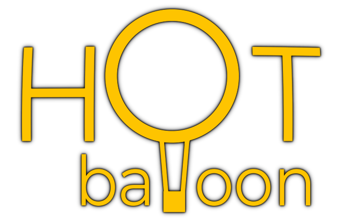 The image shows a creative typographic logo design for "HOT balloon" where the letter "O" is cleverly transformed into a hot air balloon shape. The text is rendered in bright yellow with a thin outline style against a white background. The word "balloon" appears below "HOT" in smaller lowercase letters, with the balloon symbol integrated into both words, creating a visually connected design.