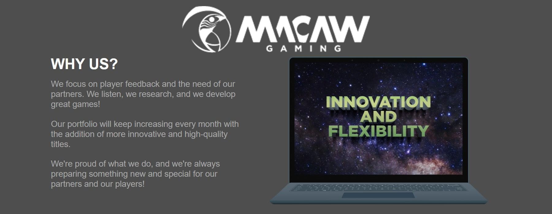 Sección 'Por qué nosotros' de Macaw Gaming, mostrando su logo (un macaw estilizado) y texto sobre innovación y flexibilidad. Incluye texto sobre su enfoque en la retroalimentación de jugadores y el desarrollo continuo de juegos.