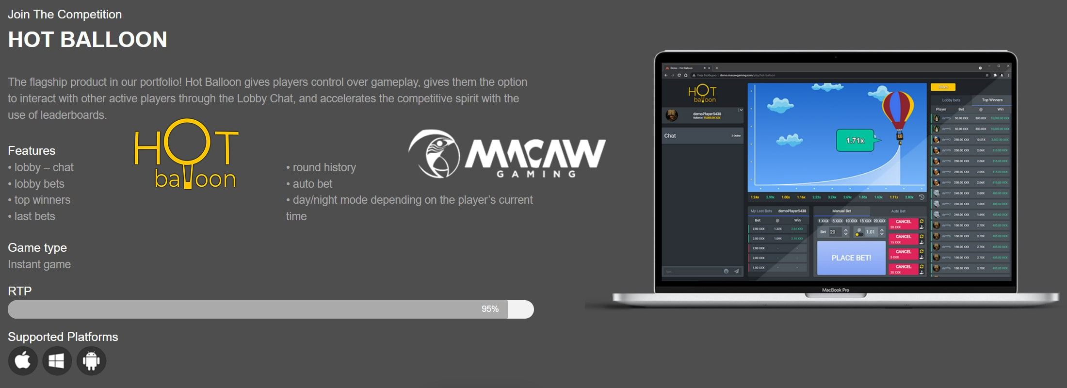 A promotional layout showing the Hot Balloon game interface with the Macaw Gaming logo. Features a laptop display with a hot air balloon game screen, listing key features like lobby chat, lobby bets, top winners, and last bets. Shows platform compatibility icons for iOS, Windows, and Android, with a 96% RTP indicator bar.